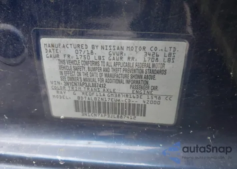 2018 Nissan Versa 1.6 Sv из США, поврежденный, VIN 3N1CN7AP3JL887412